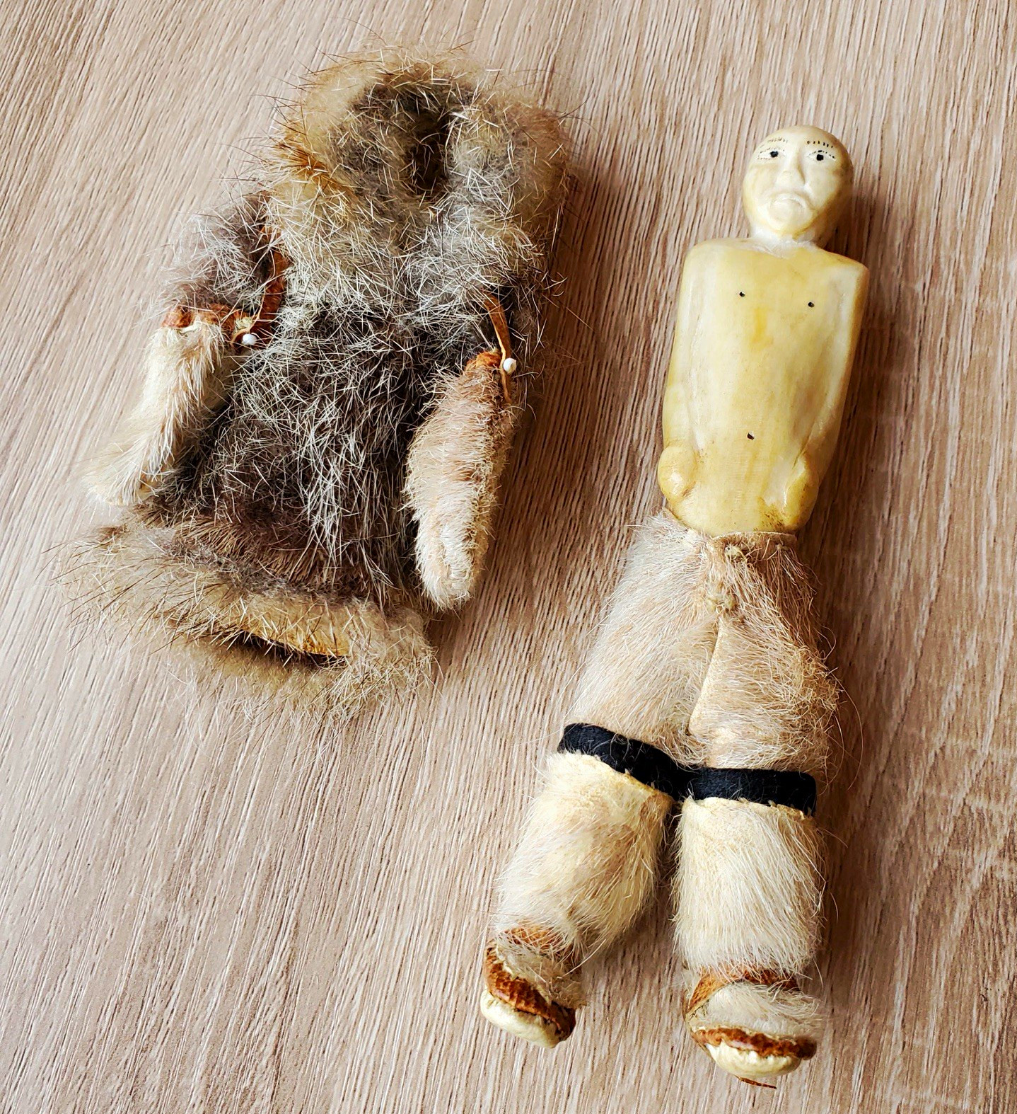 Vintage Carved caribou antler indigenous doll with fur outfit