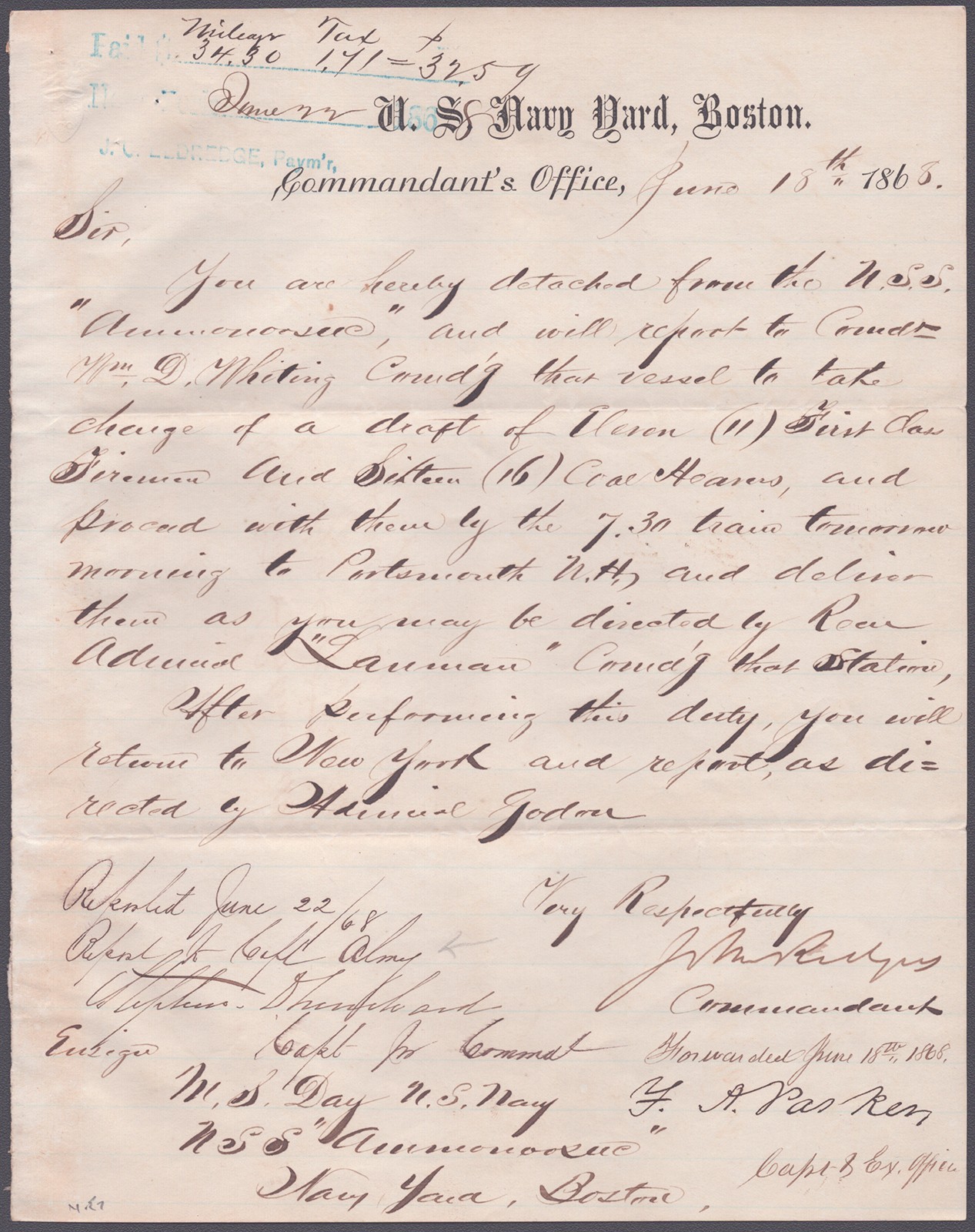 JOHN RODGERS JR. - MANUSCRIPT DOCUMENT SIGNED 06/18/1868 WITH CO-SIGNERS
