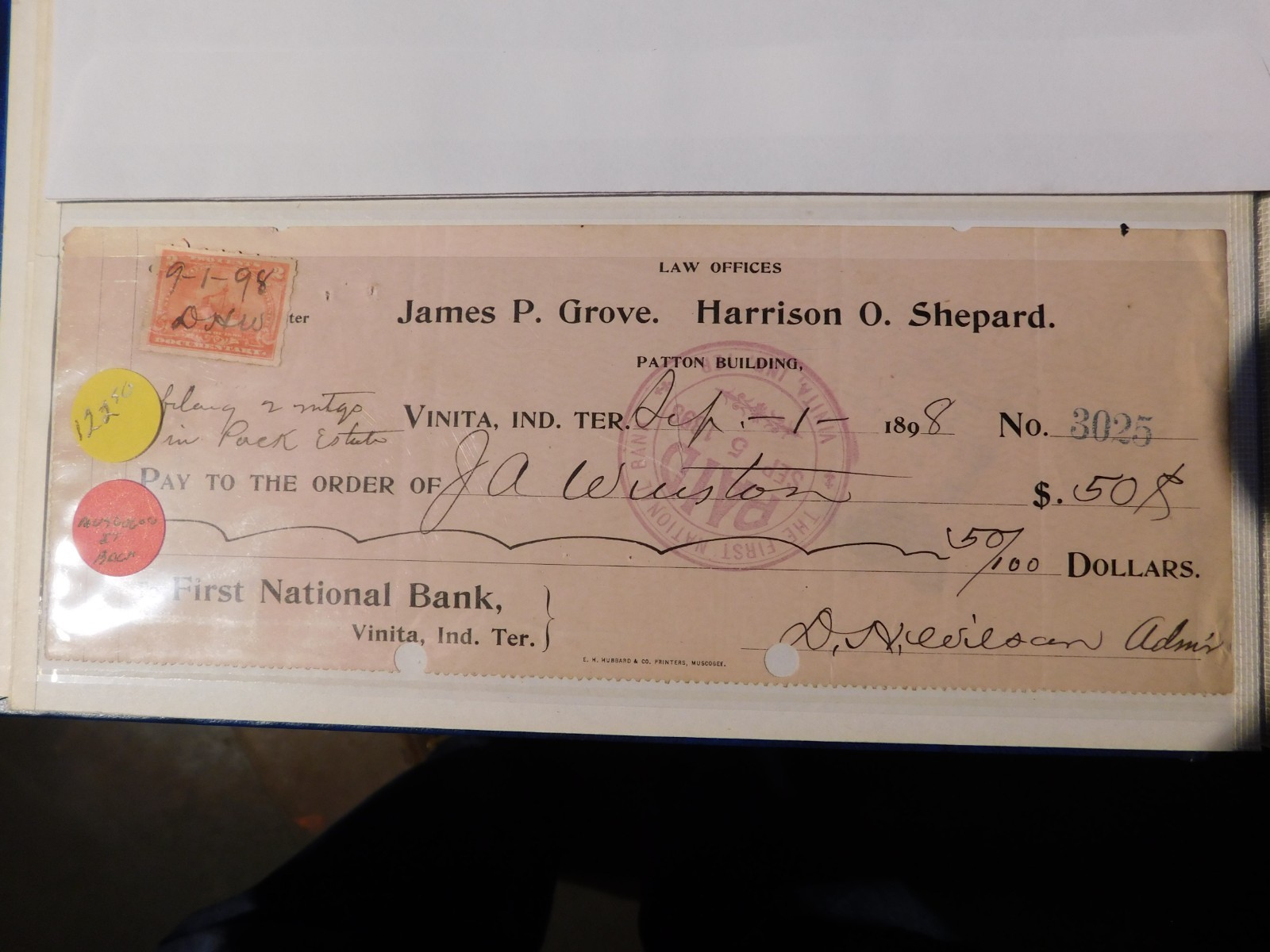 Vintage, 1898 First National Bank, Vinita Ind. Ter. Bank Note