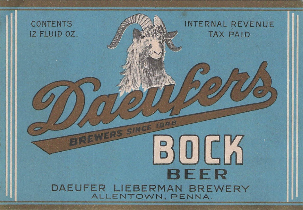 Daeufers Bock Vintage Beer Label Daeufer Lieberman Brewery Allentown PA Ram Head