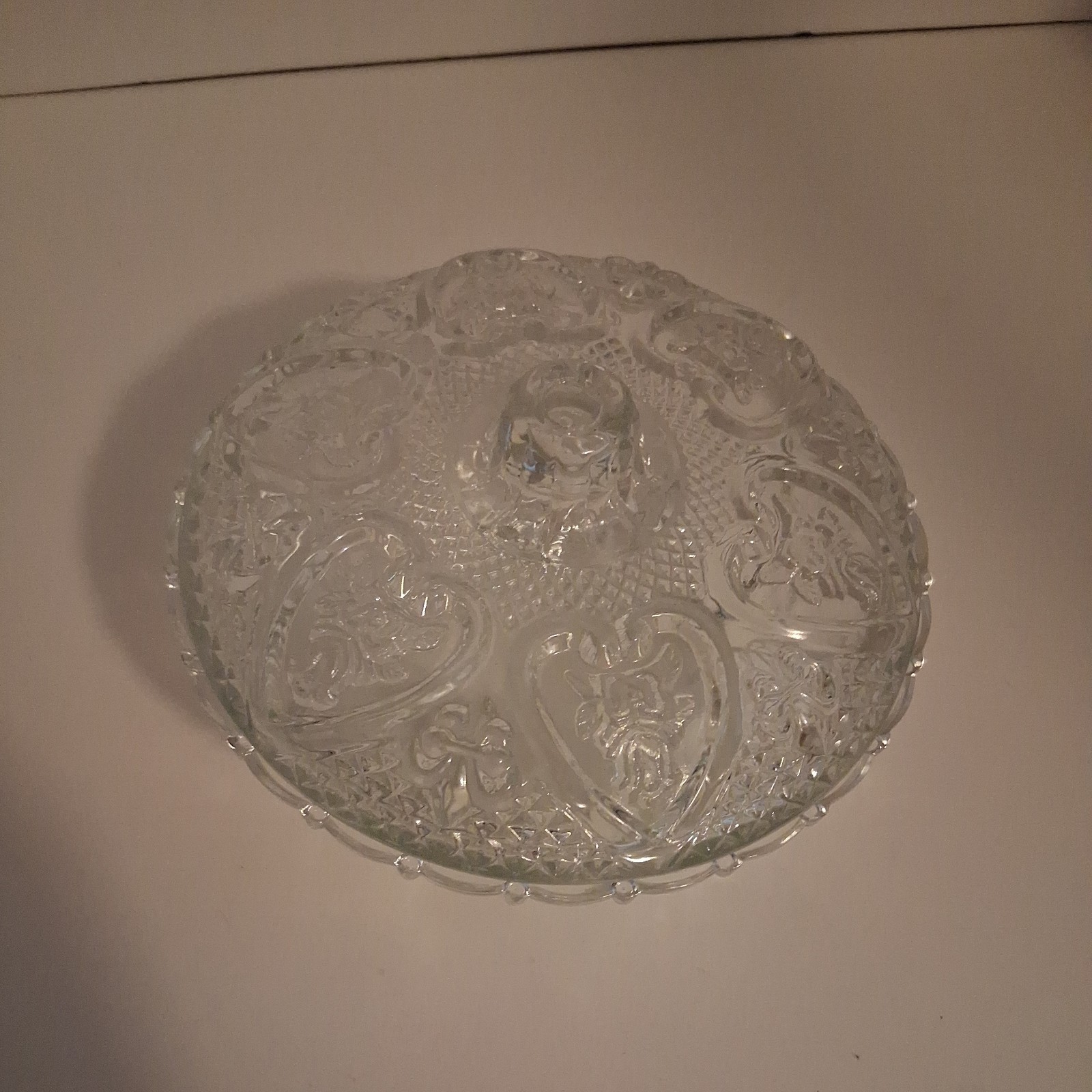Vintage KIG Malaysian Clear Glass 5” Round Hearts&Roses Candy Dish Bowl with Lid