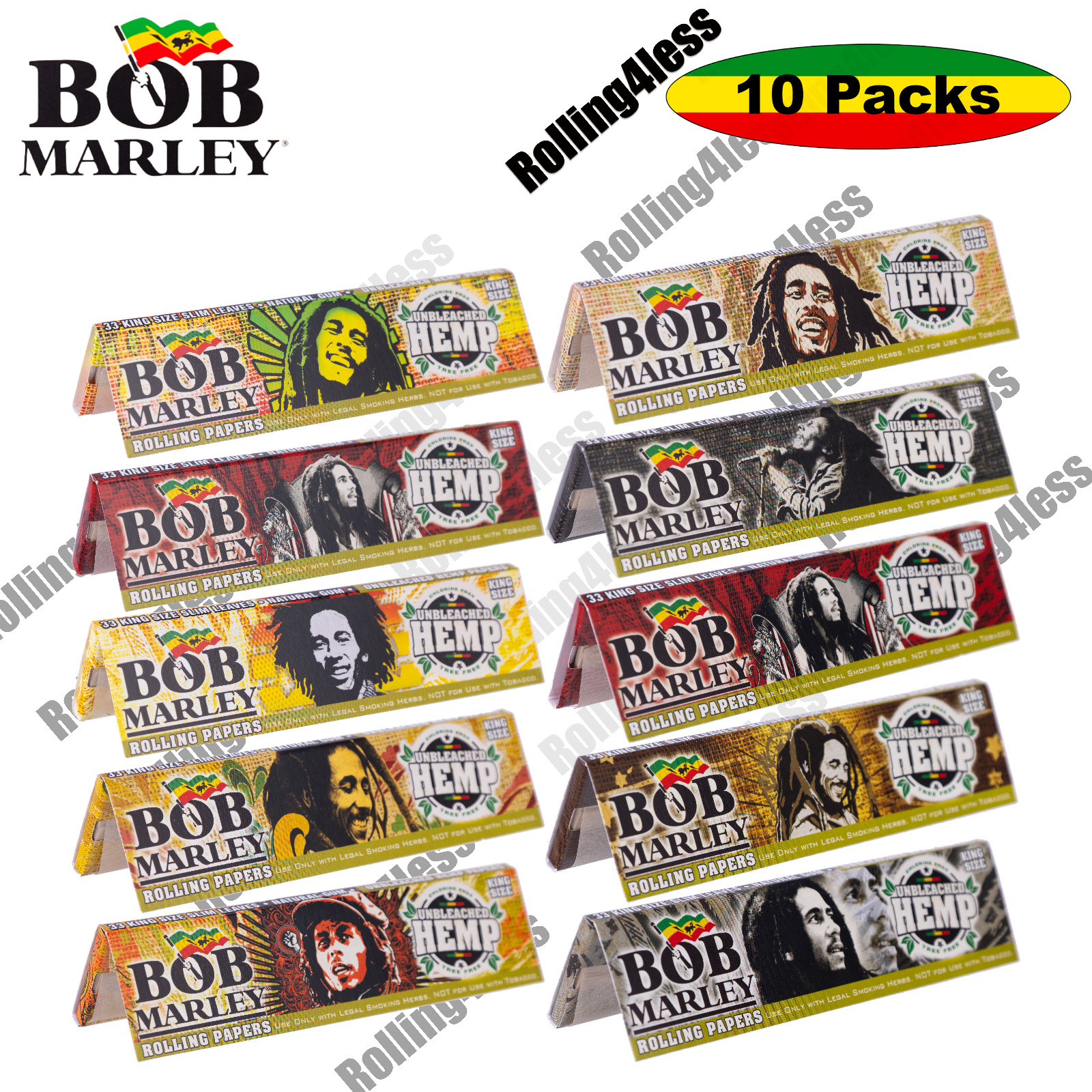 Bob Marley King Size Hemp Rolling Papers 10-Pack Deal (110mm, 330 Leaves)