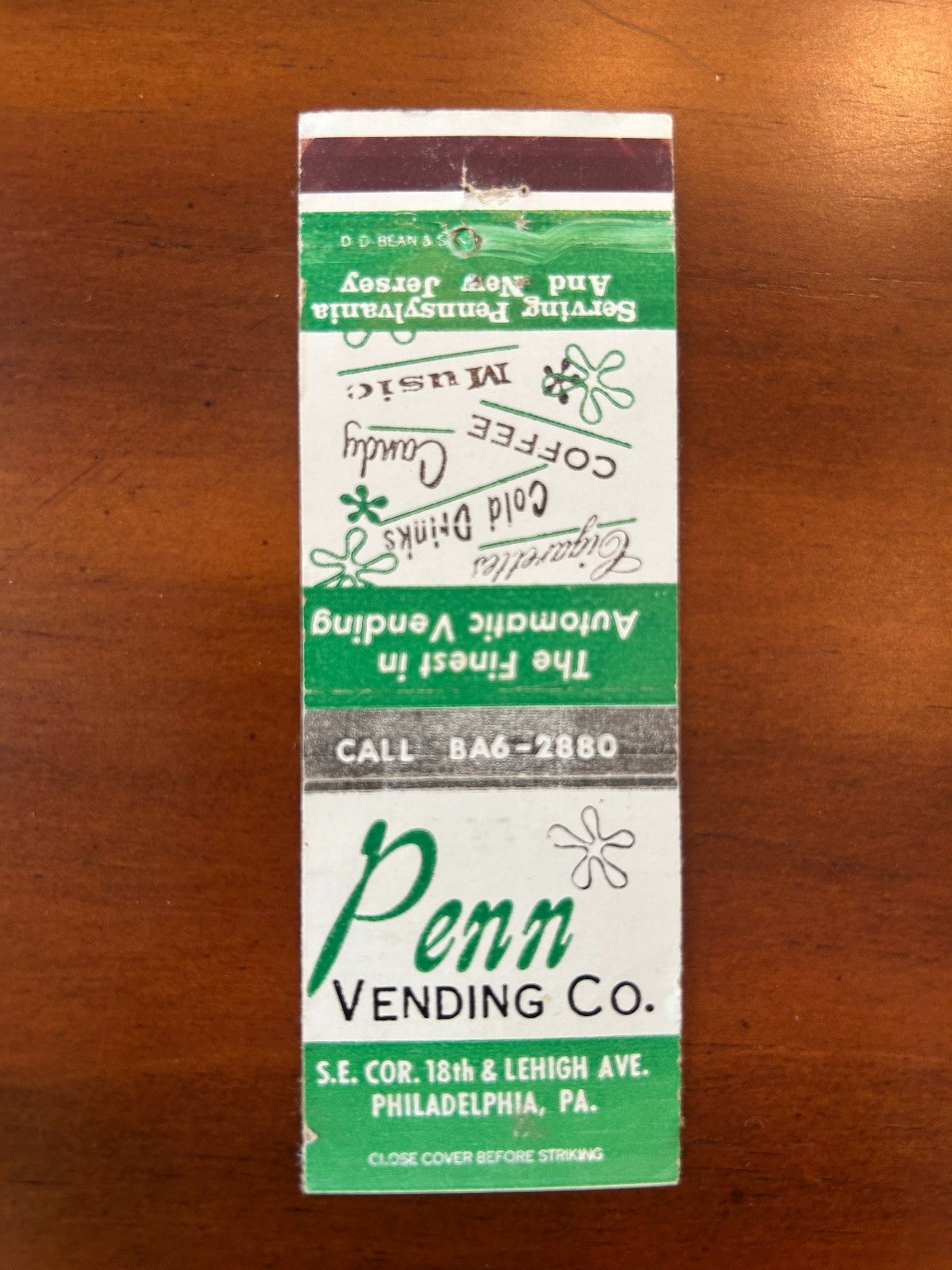 Vintage Penn Vending Co. Matchbook Cover Philadelphia PA Advertising
