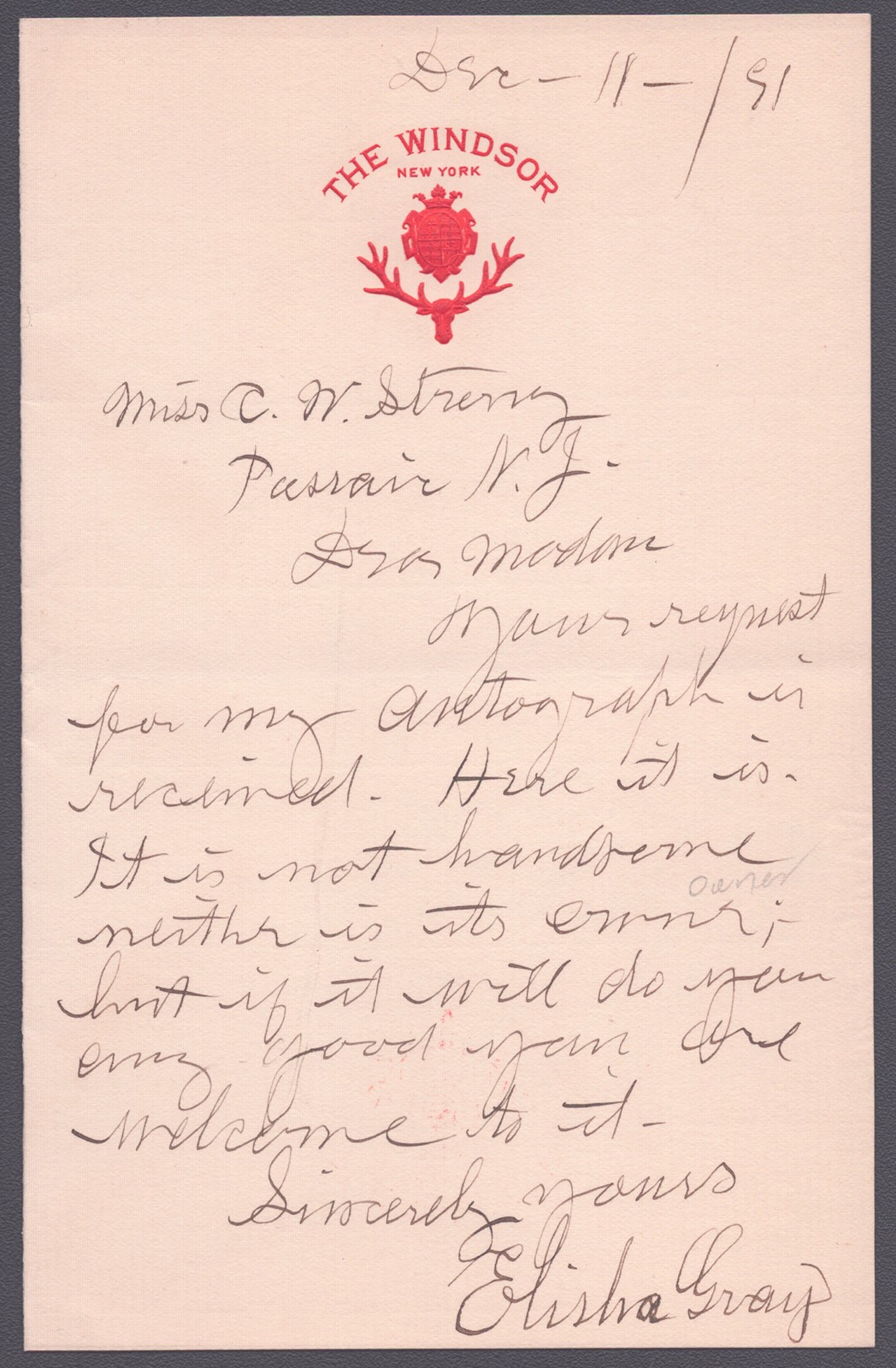 ELISHA GRAY - AUTOGRAPH LETTER SIGNED 12/11/1891