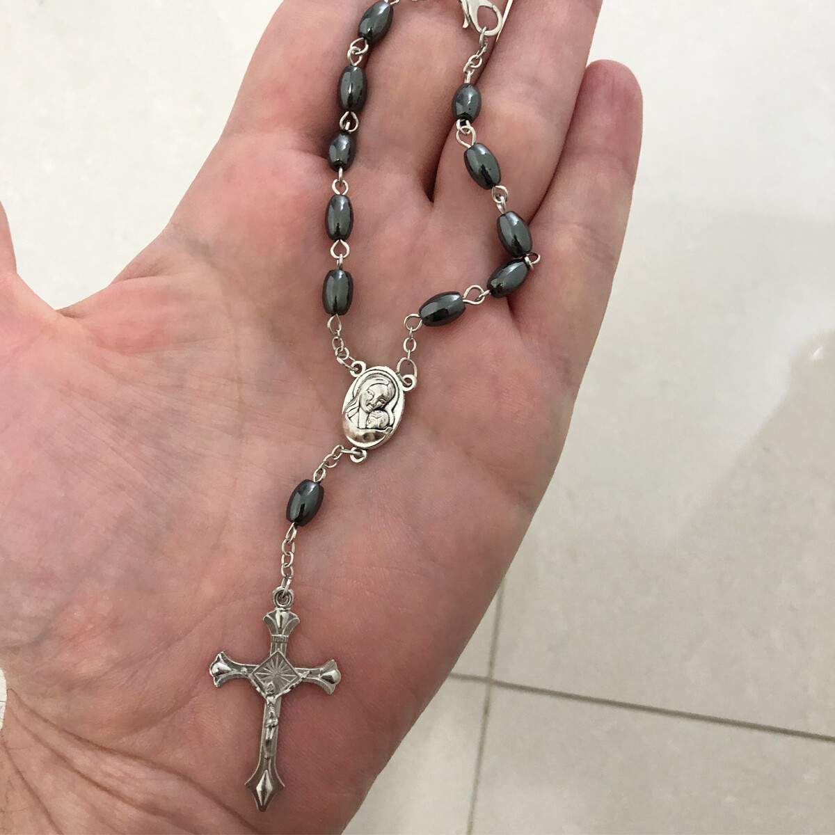Auto Car Rearview Mirror Rosary Hematite Beads Jerusalem Holy Soil Medal & Cross