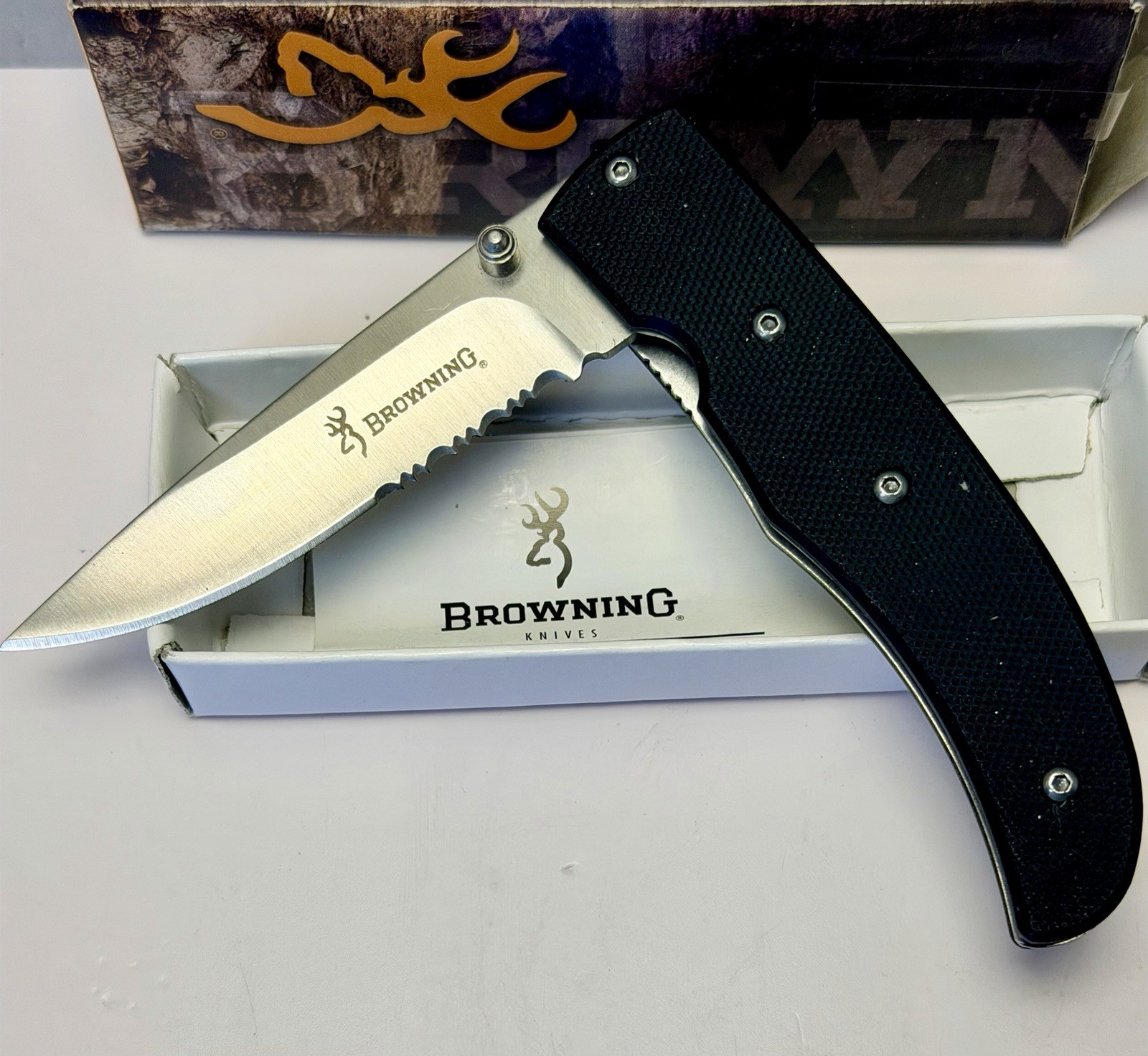 NOS Vintage Browning Model 649 Lockback Combo Blade Folding Pocket Knife w/ Box