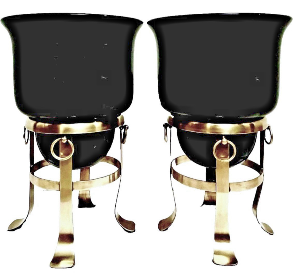 Vintage Black Glass Jardiniere Urns on Designated Brass Stands with Ring Handles
