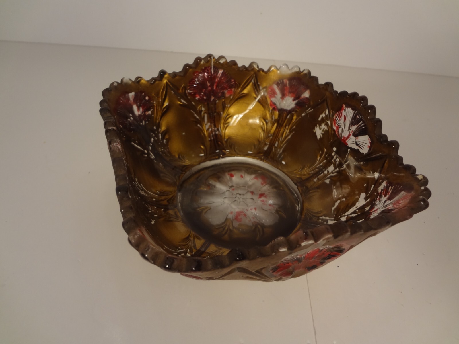 Goofus Glass - Candy Dish Bowl Hand Painted Gold With Red Flowers