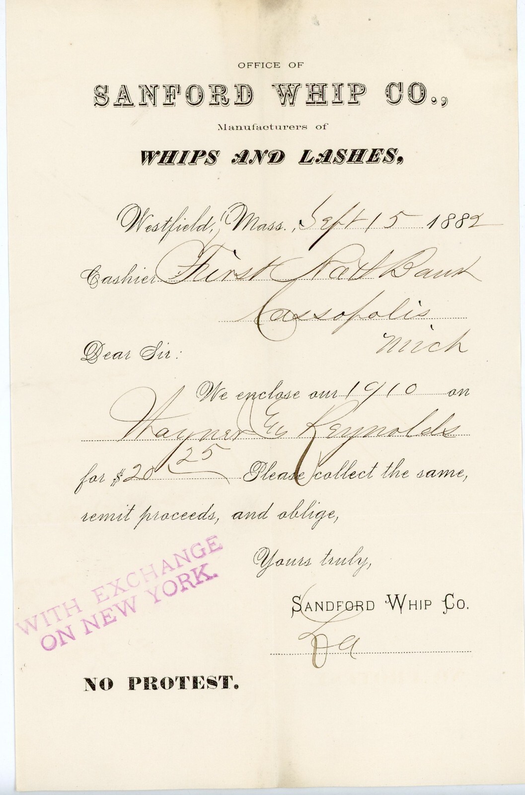 1887 Sanford Whip Co. & Lashes Letter Draft to First Nat’l Bank Cassopolis MI