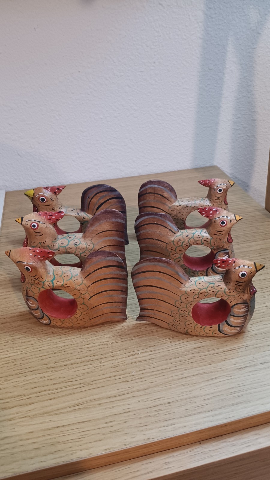 Rooster Bird Handpainted Wood Carved Set Of 6 Napkin Rings