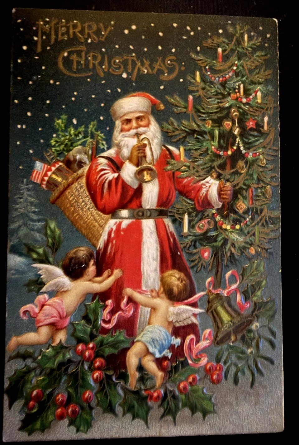 Patriotic~Santa Claus with Angels~USA Flag~Antique~Christmas Postcard~s411 Patriotic~Santa Claus with Angels~USA Flag~Antique~Christmas Postcard~s411