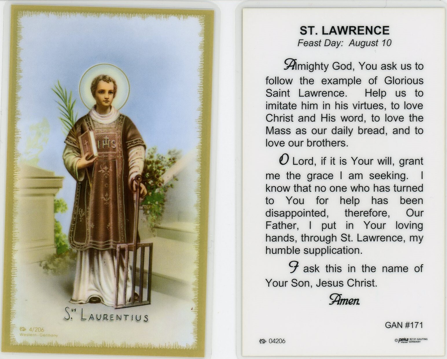 Saint St. Lawrence - Prayer - gold edge - Laminated Holy Card GAN171