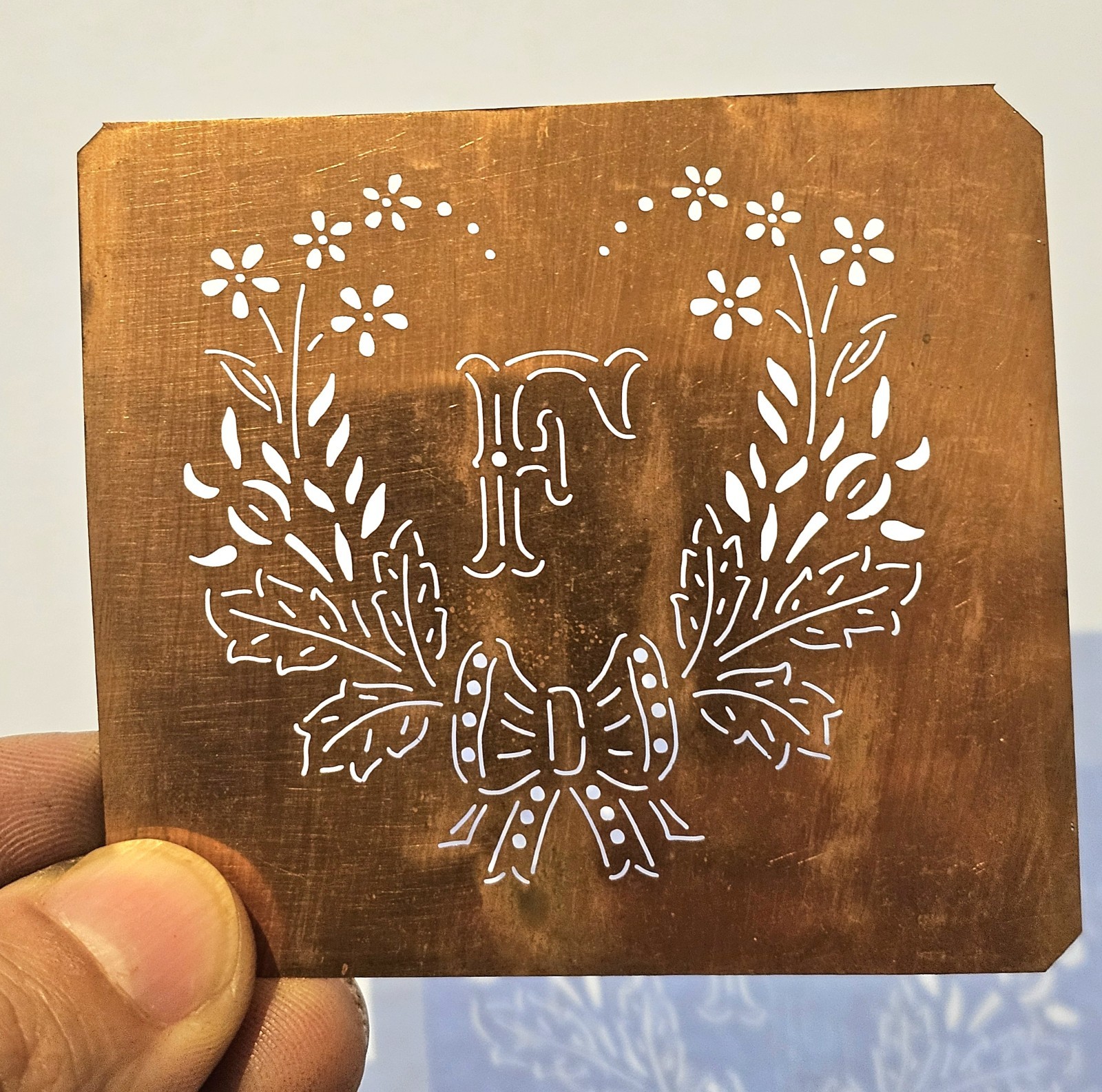 Antique Copper Monogram Stencil Letter F – Ornate Alphabet Plate c.1880–1920 F2