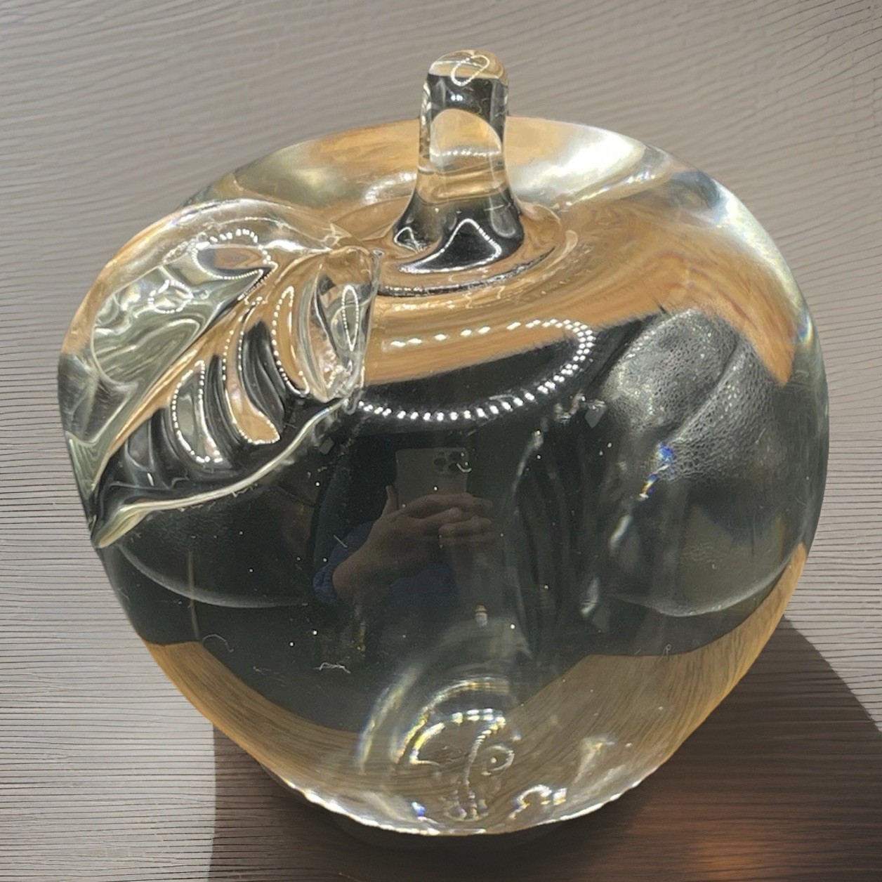 Vintage Clear Apple Paperweight Crystal Glass with Leaf Desktop Decor