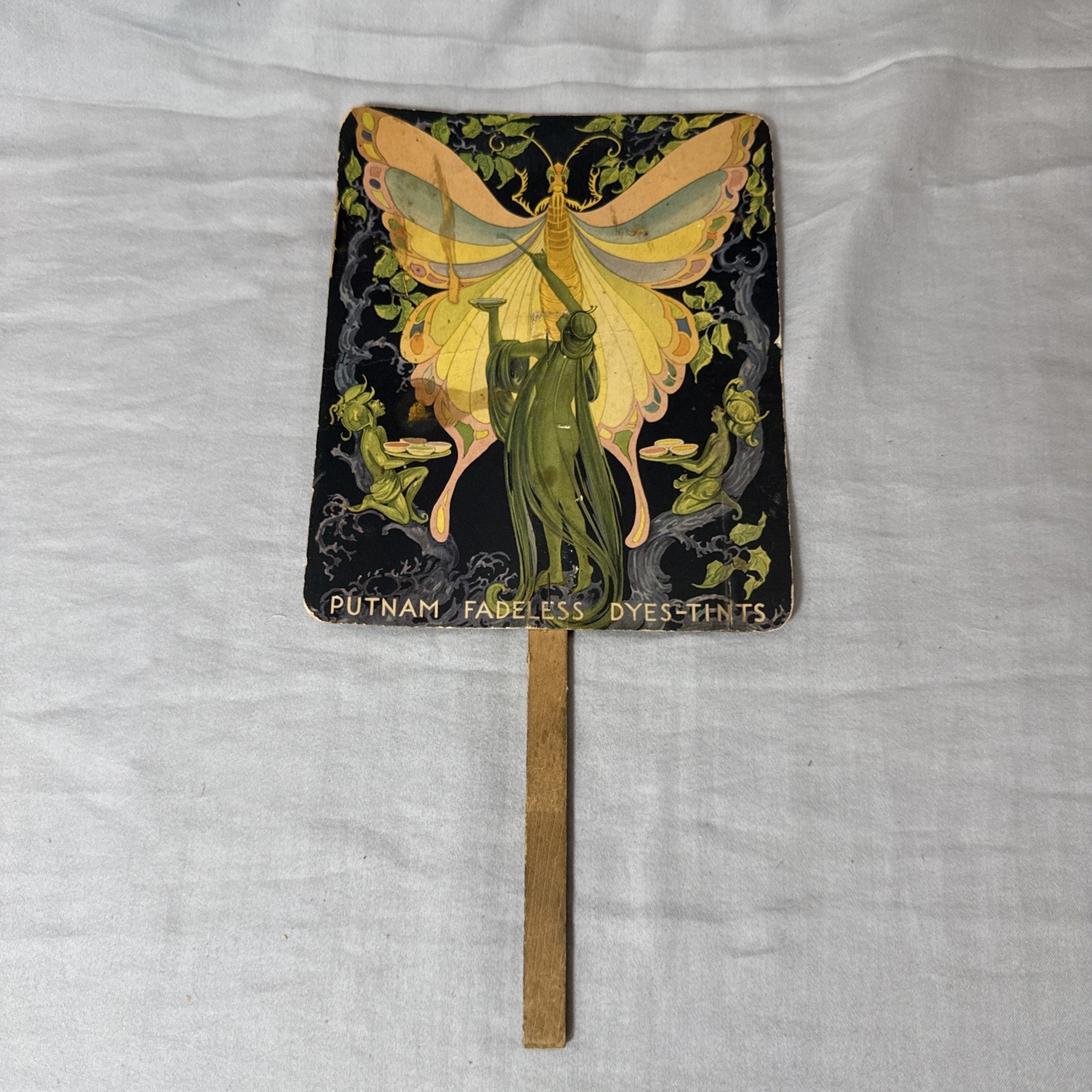Rare Vintage Putnam Dyes Advertising Fan Art Nouveau Fairies Moth Display