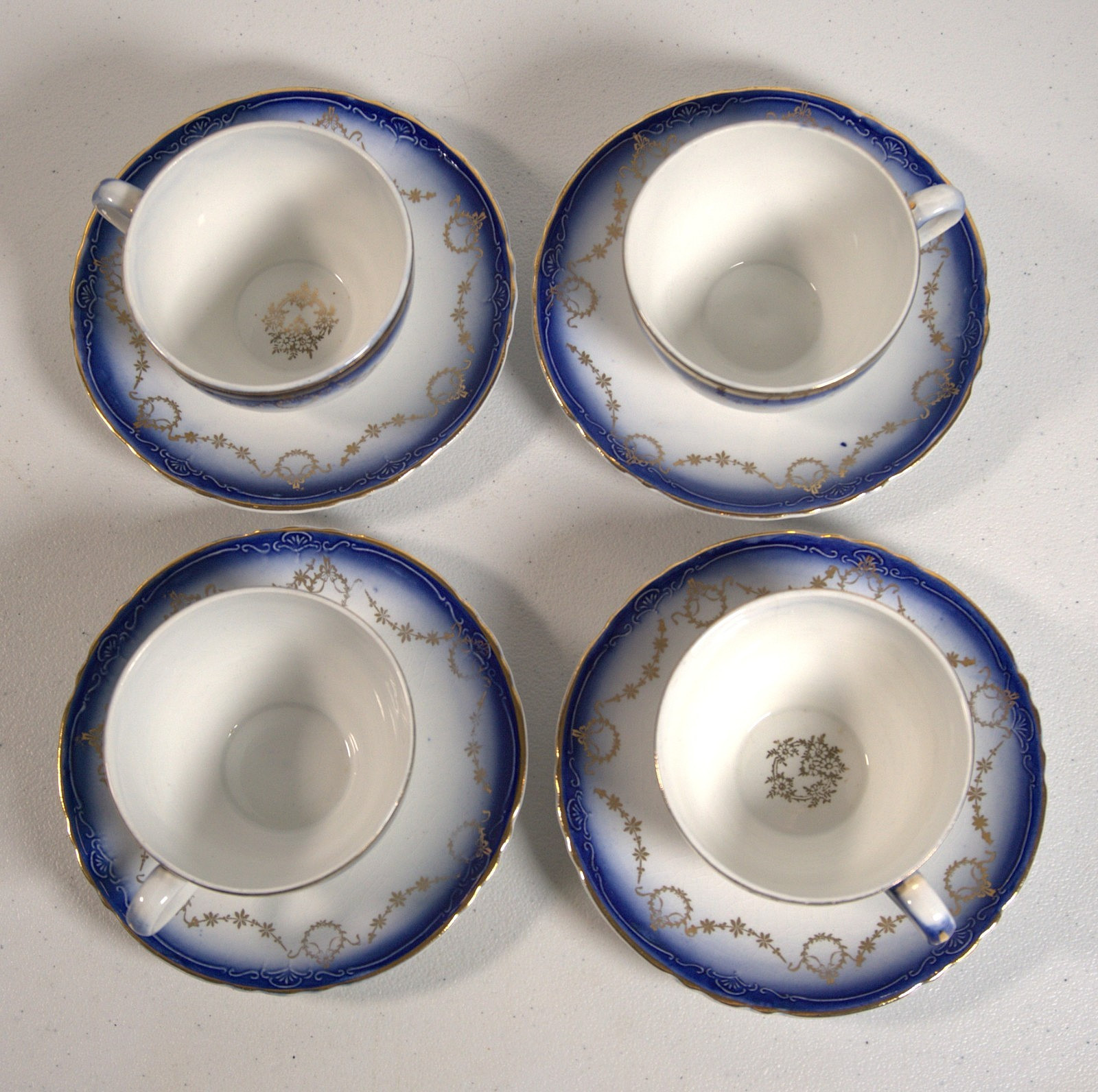 Antique La Francaise Flow Blue Teacup & Saucer Set of 4 Early 1900s Porcelain
