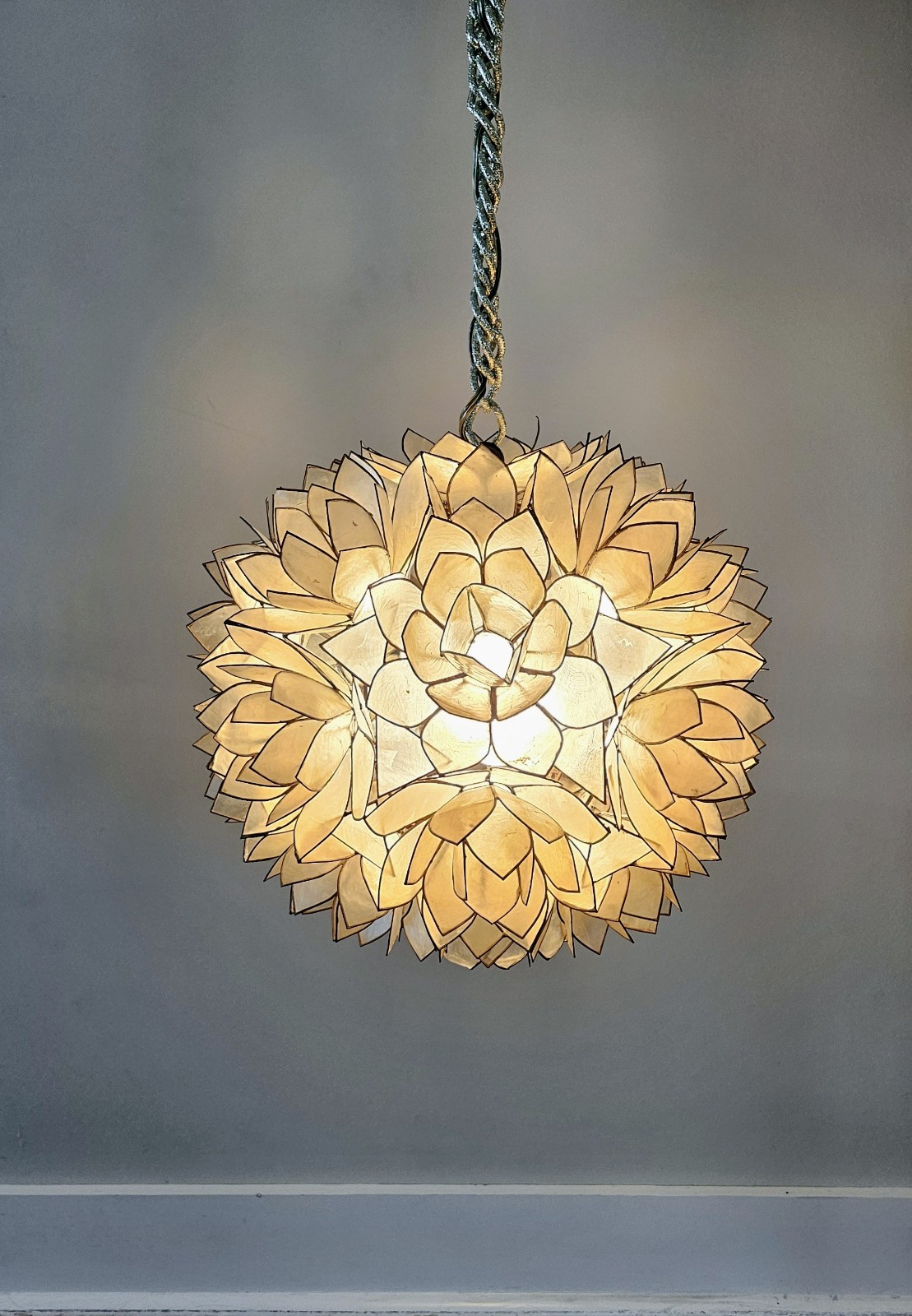 Vintage Capiz Shell Lotus Flower Ball Chandelier Pendant Light Triboro USA Vintage Capiz Shell Lotus Flower Ball Chandelier Pendant Light Triboro USA