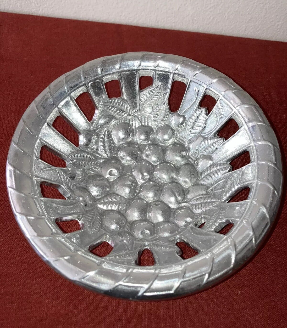 Vintage Wilton Armetale Pierced Silver Fruit Bowl Centerpiece Sculpted Cherries