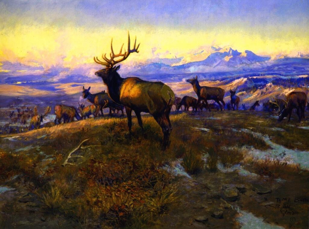 The Exalted Ruler Print – Charles M. Russell – Western Landscape with Elk 1912 The Exalted Ruler Print – Charles M. Russell – Western Landscape with Elk 1912