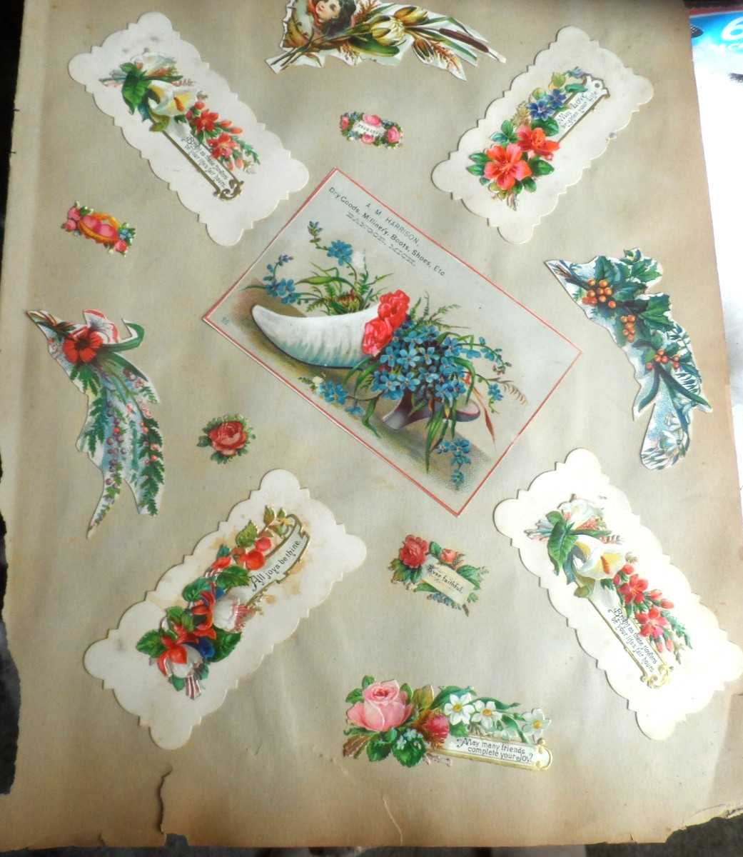 1876 Antique Scrapbook Page-SCRAPS ON BOTH SIDES - FLOWERS, CALLING CARDS & MORE
