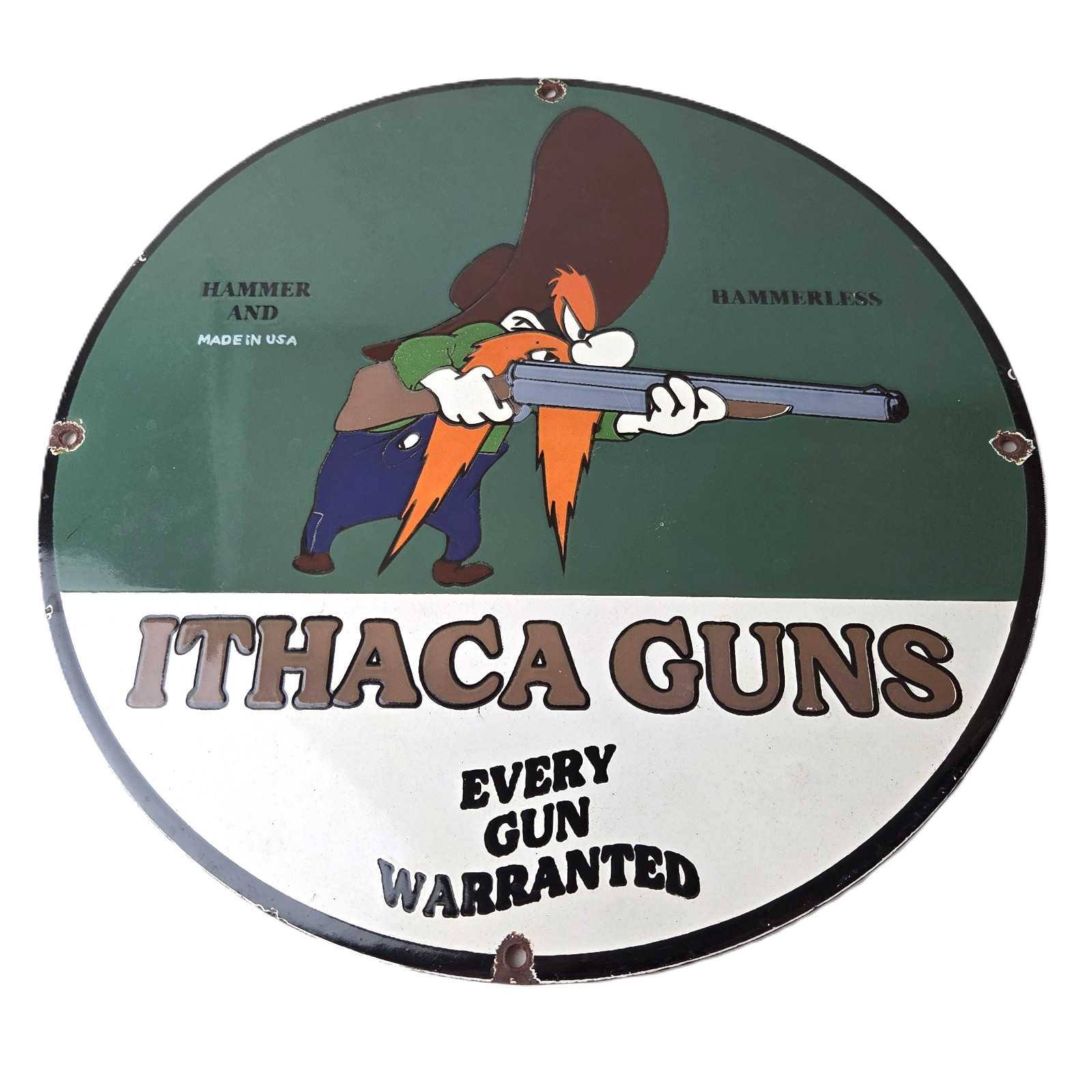 Vintage Ithaca Guns Sign - Yosemite Sam Firearm Advertisement Porcelain Gas Sign Vintage Ithaca Guns Sign - Yosemite Sam Firearm Advertisement Porcelain Gas Sign