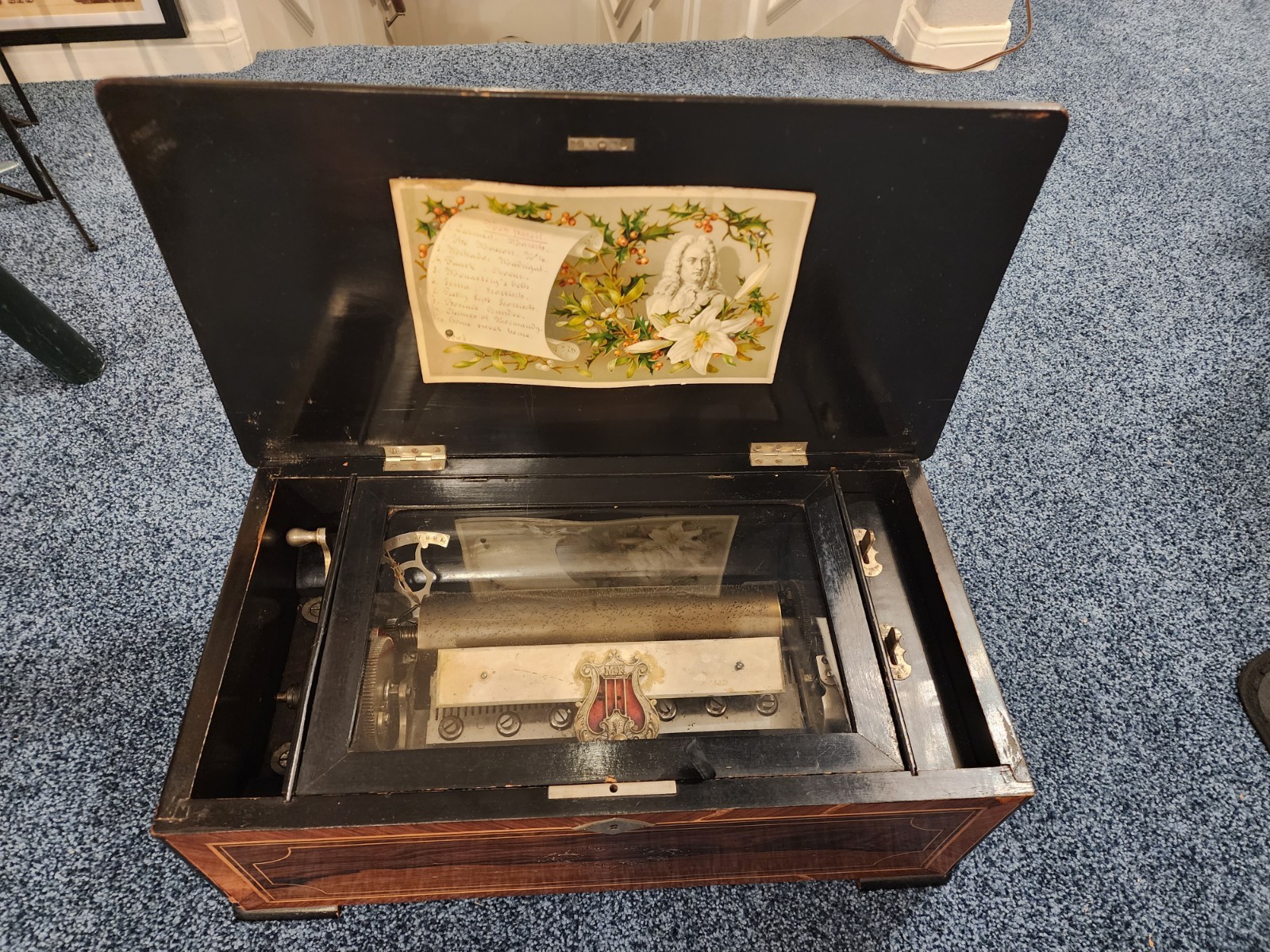 Mermod Freres Antique Cylinder Music Box 1800s  10 Airs With Nice Wood Inlay