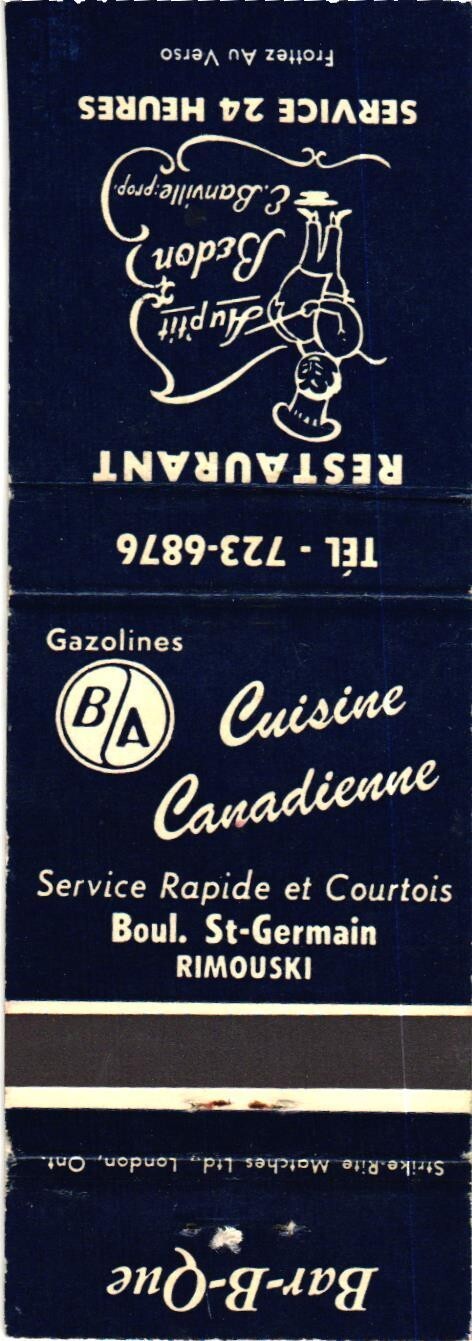 Au p\'tit Bedon Rimouski Quebec Vintage Matchbook Cover 1960s
