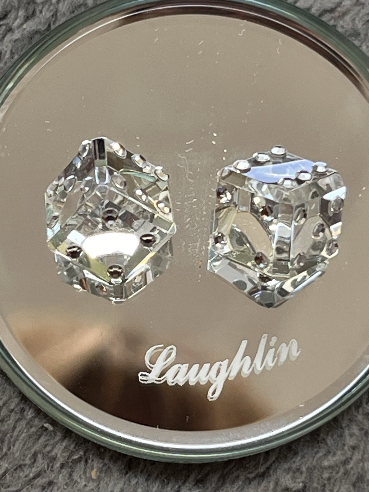 Vintage Laughlin Crystal Dice Pair Faceted Glass Rhinestone Pips Paperweight