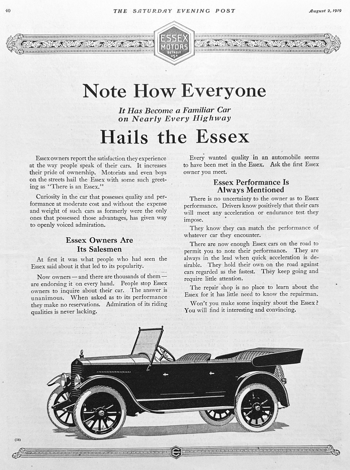 1919 Essex Motor Car - Note How Everyone Hails The Essex - Ad #2011