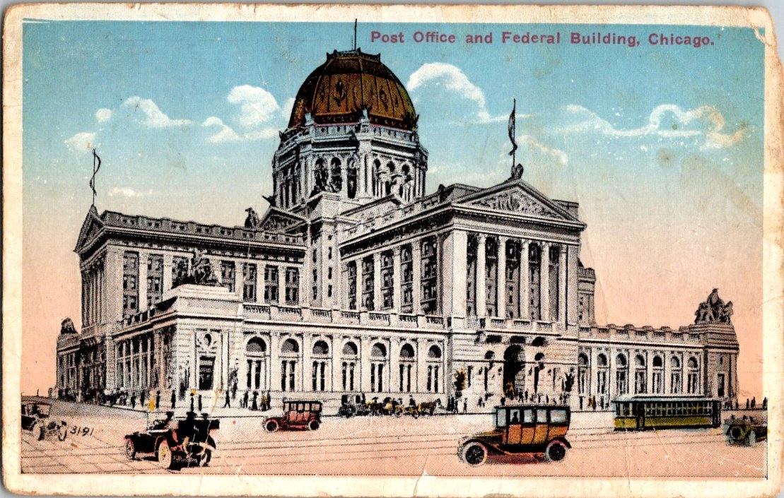Post Office and Federal Building Chicago IL Old Cars Posted 1917 WB Postcard Post Office and Federal Building Chicago IL Old Cars Posted 1917 WB Postcard