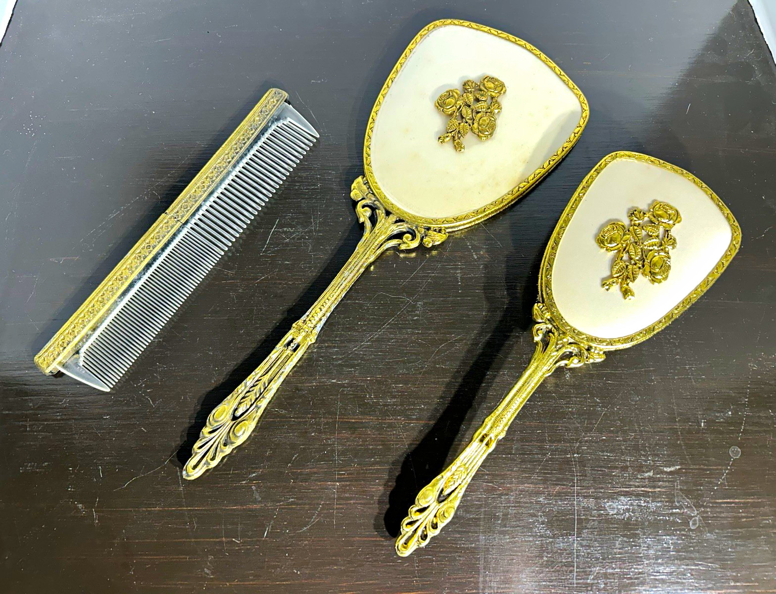 Vintage Globe Silver Co 3-Piece Vanity Set     24K Gold Plated Mirror Brush Comb