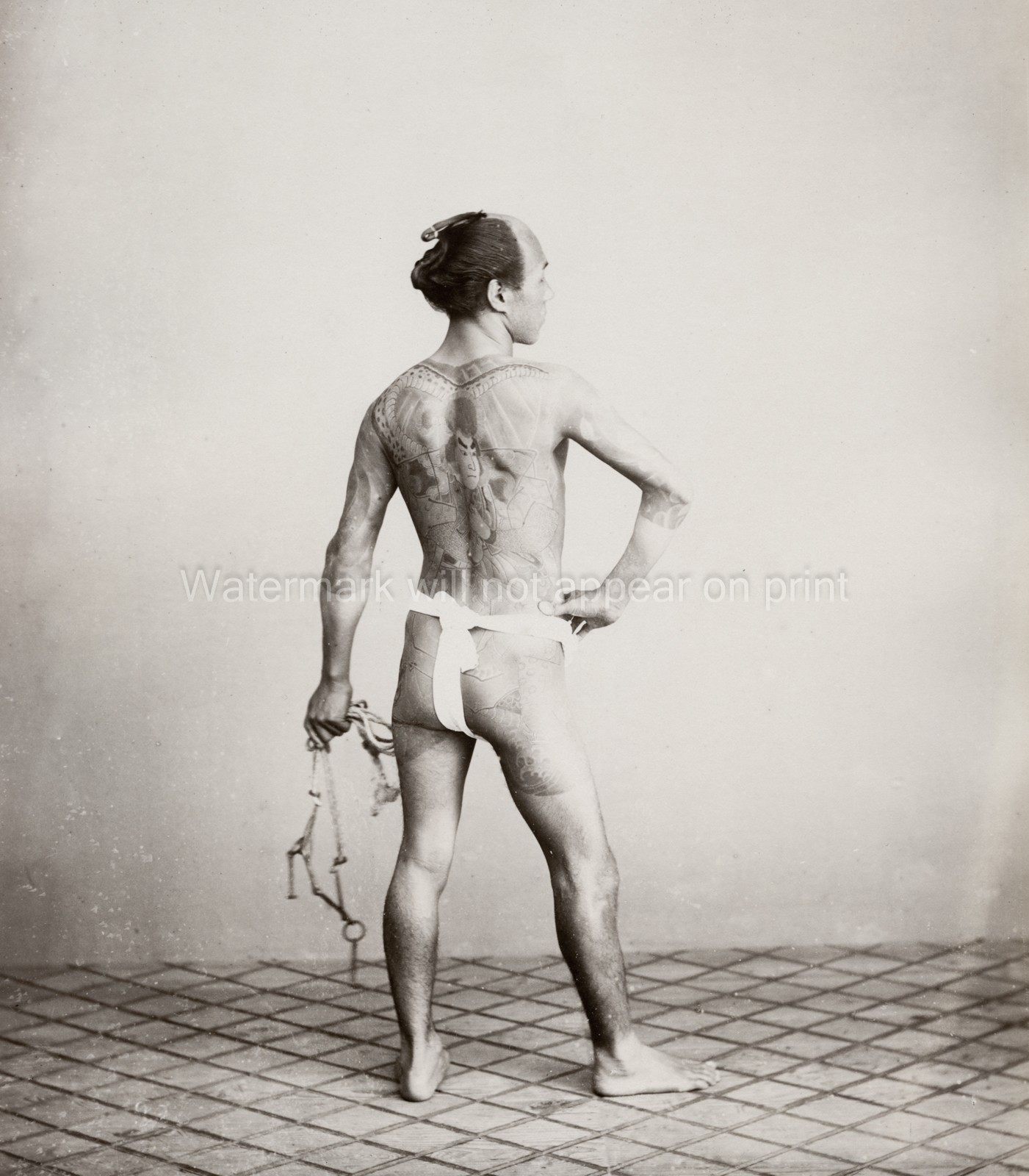 Japanese Man Full Body Irezumi Tattoo Chonmage Hairstyle Vtg. Photo 19thC.