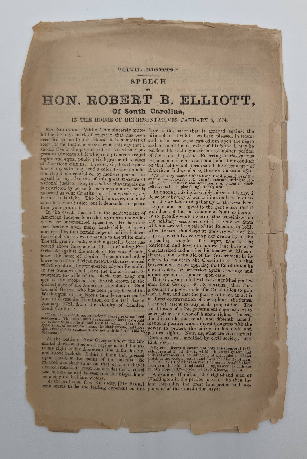 Reconstruction Civil Rights Speech of African American Robert B. Elliott 1874