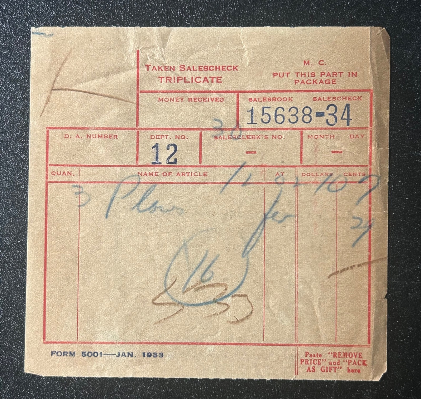 1933 Vintage  Receipt Ephemera R.H. Macy & Co New York City