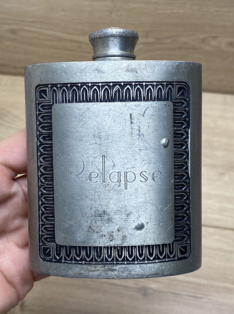 Vintage Selwin Pewter Hip Flask Engraved Relapse Recovery AA Novelty Flask