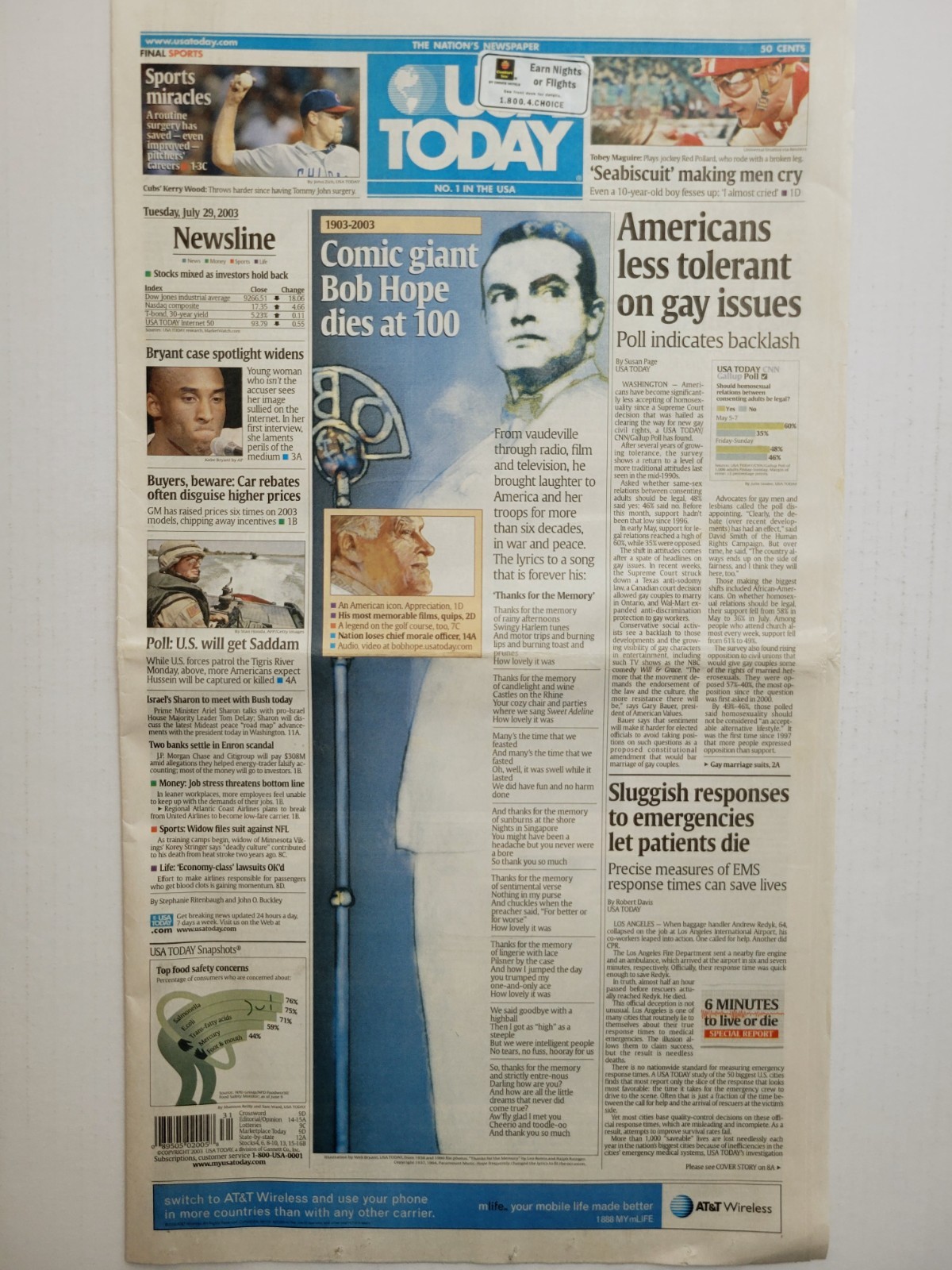 2003 July 29: USA Today - Hollywood & Comedy Legend BOB HOPE Dies at Age 100