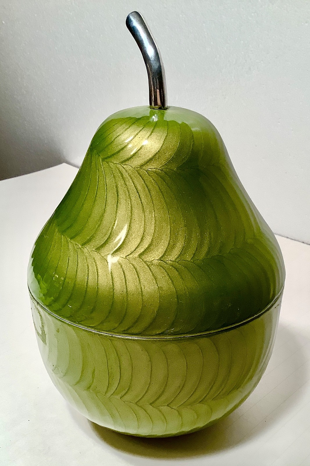 Guilloche Baked Enamel 'Pear Green' Aluminum Lined Pear Shaped Container Vintage Guilloche Baked Enamel 'Pear Green' Aluminum Lined Pear Shaped Container Vintage