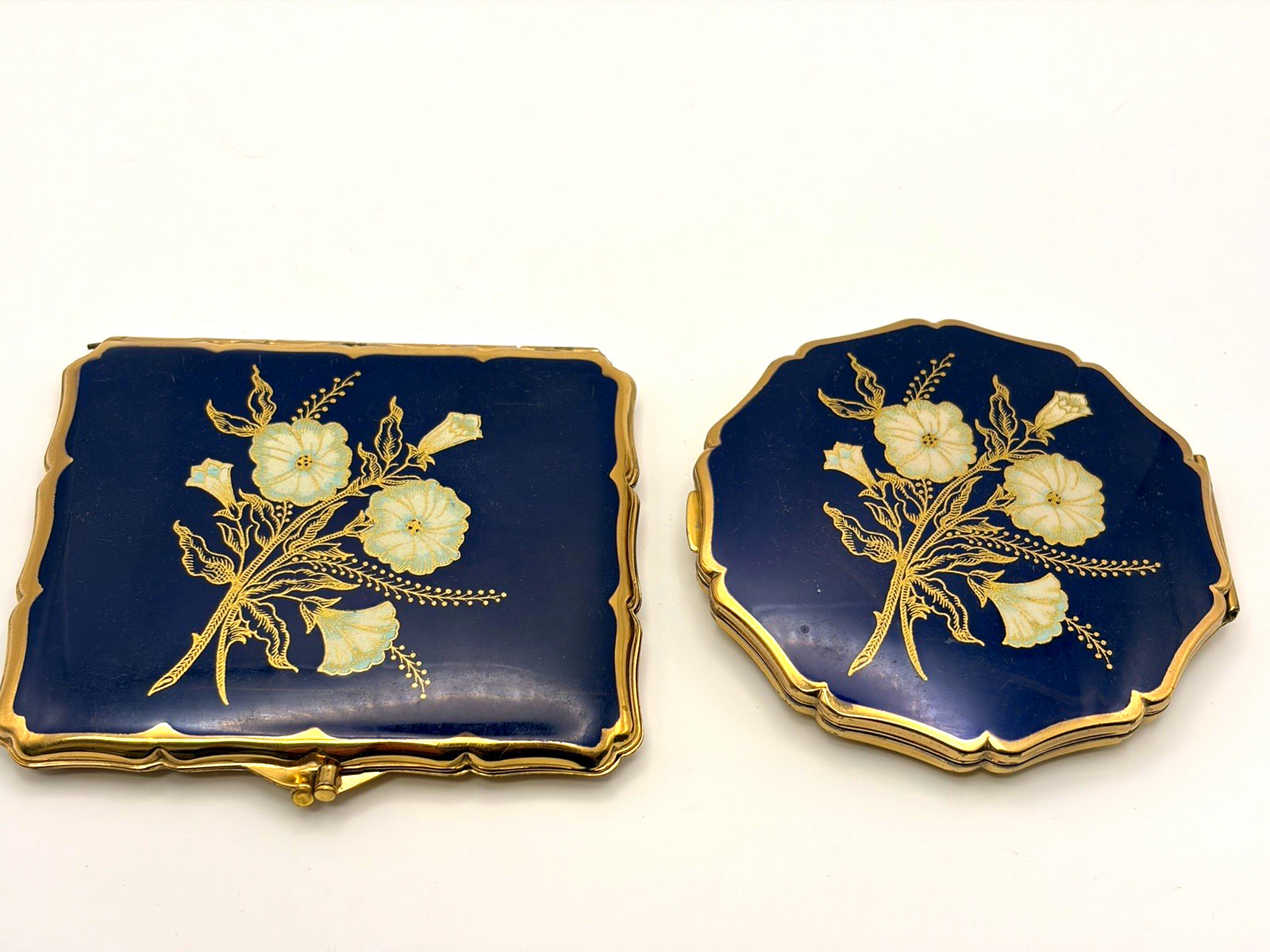 Vintage Stratton of England Floral Enamel Gold Tone Compact & Cigarette Case