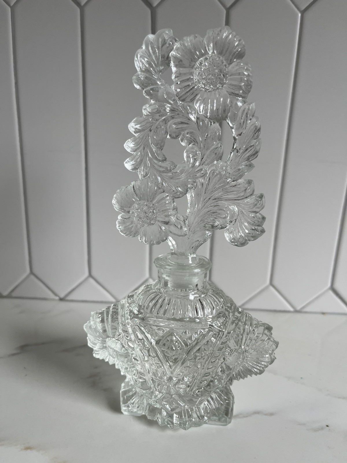 Vintage Clear Art Deco Pressed Glass Perfume Bottle Tall Ornate Floral Stopper