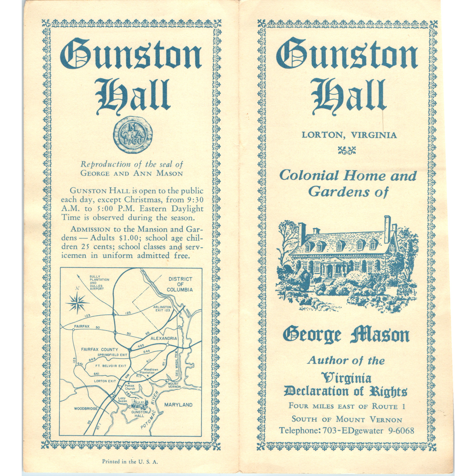 Vtg Lorton VA Gunston Hall Travel Brochure George Mason Plantation Map Virginia Vtg Lorton VA Gunston Hall Travel Brochure George Mason Plantation Map Virginia