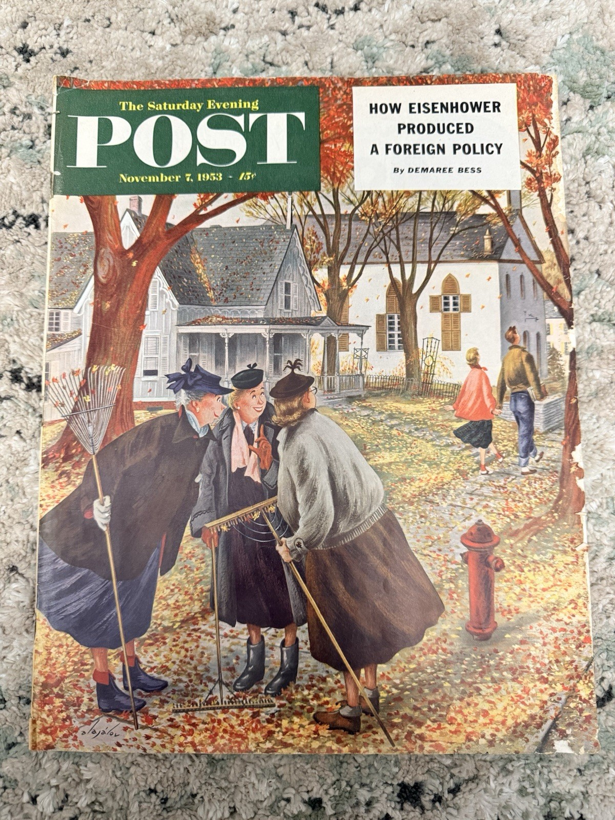 Vintage SATURDAY EVENING POST Magazine November 7, 1953 Women Raking Leaves