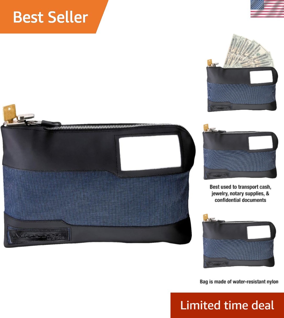 Locking Money Bag with Key Lock and Zipper, 11-1/2 In. Portable Pouch