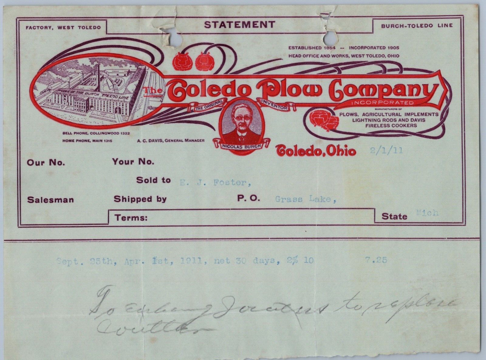 1911 Toledo Plow Co Billhead Toledo Ohio Plows Agricultural Implements OH