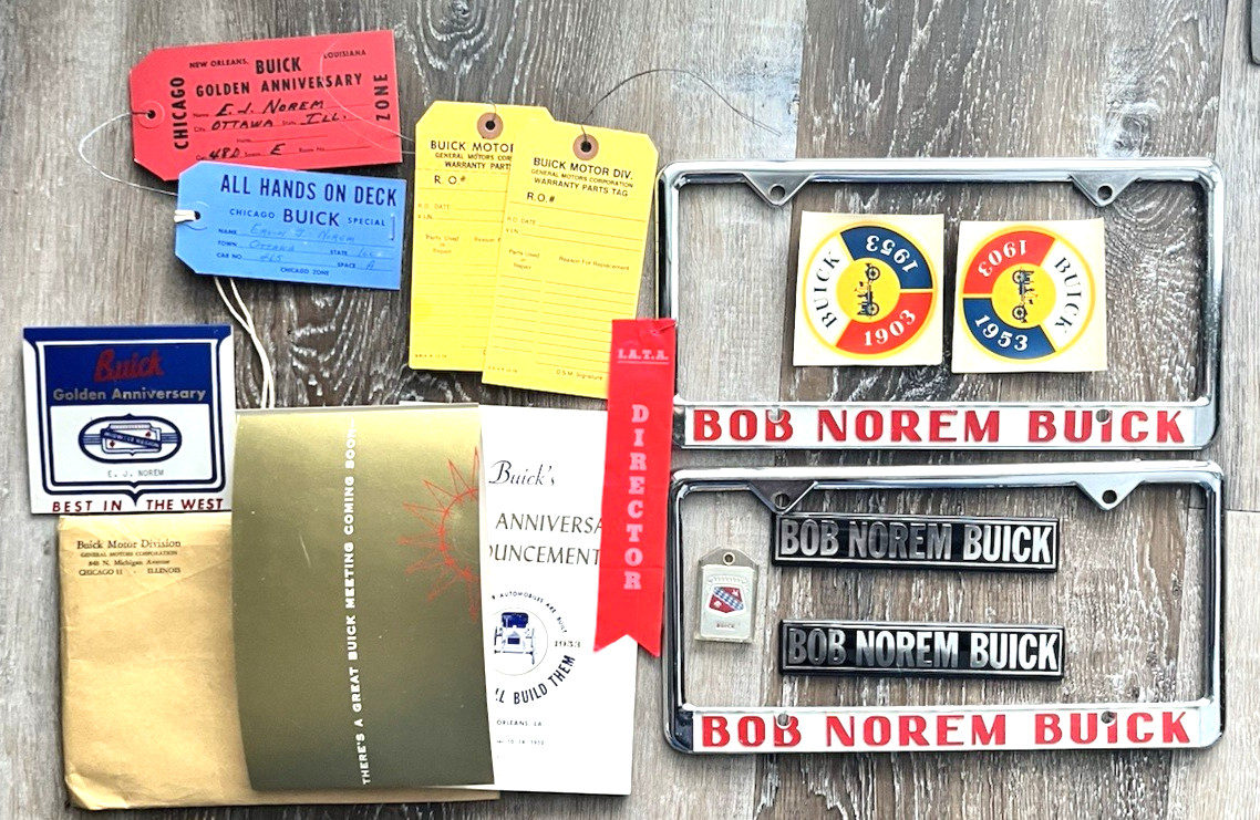 vintage bob norem buick metal license plate frames, emblems,collectables,1953 vintage bob norem buick metal license plate frames, emblems,collectables,1953