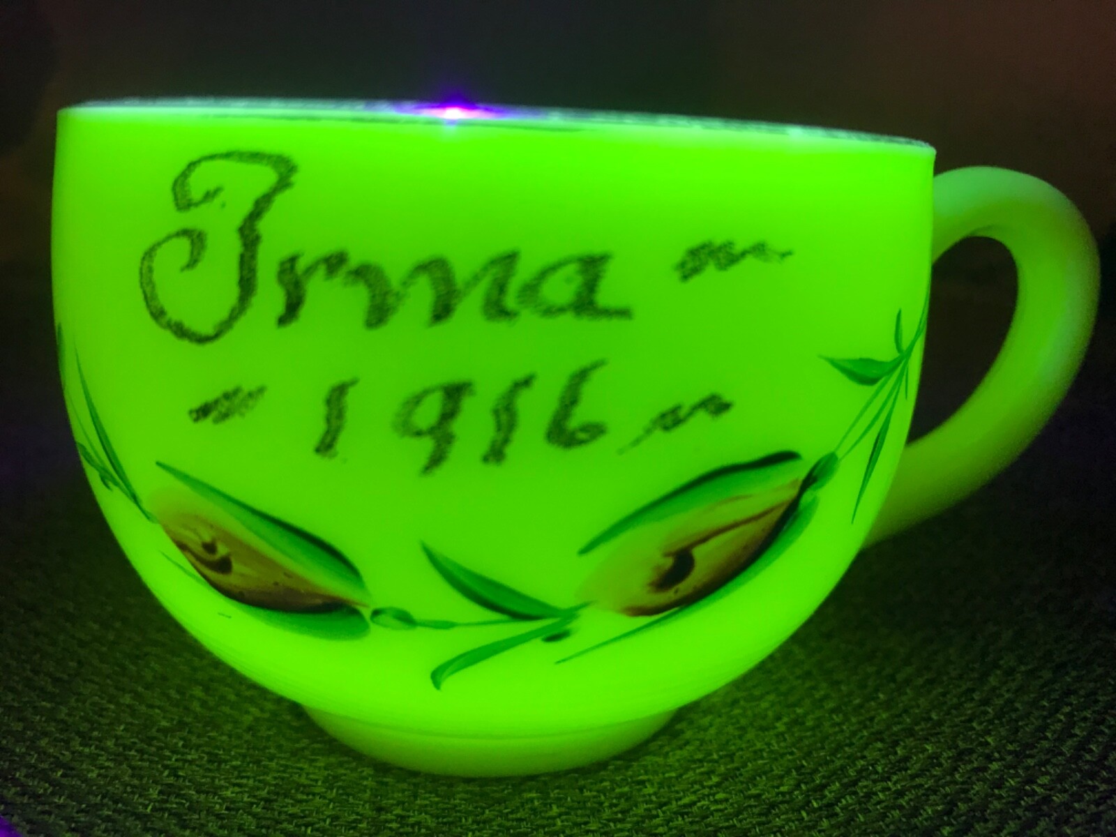 Custard Uranium Souvenir Irma 1916 Krystol Cup Flowered Gold Trim