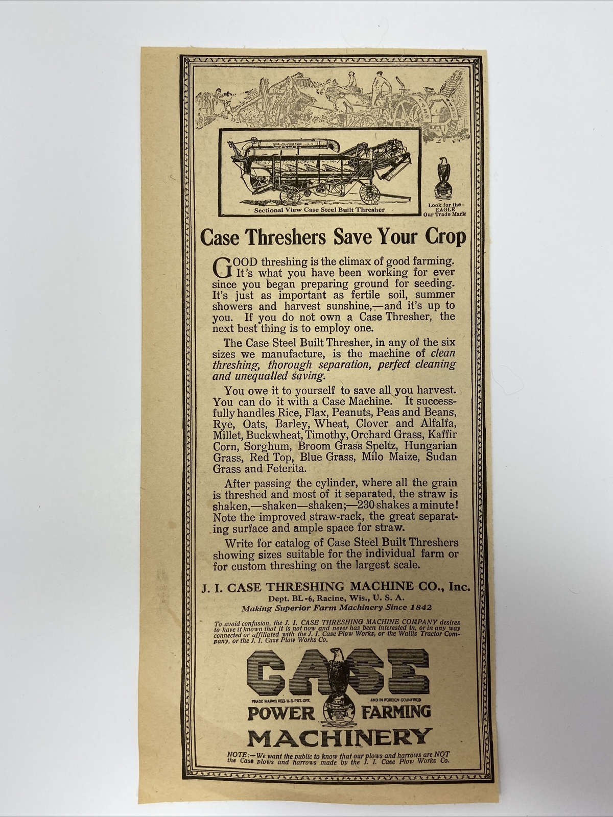 1920 J.I. CASE Thresher Power Farming Machinery Magazine Print Ad Vintage