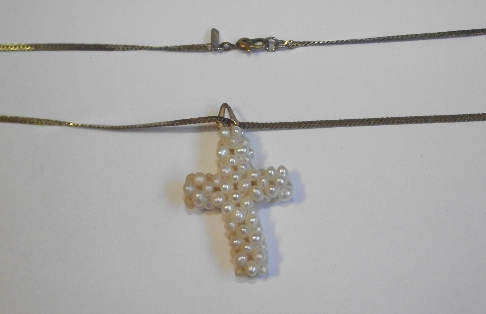 Vtg Monet chain necklace with faux pearl bead cluster religious cross pendant