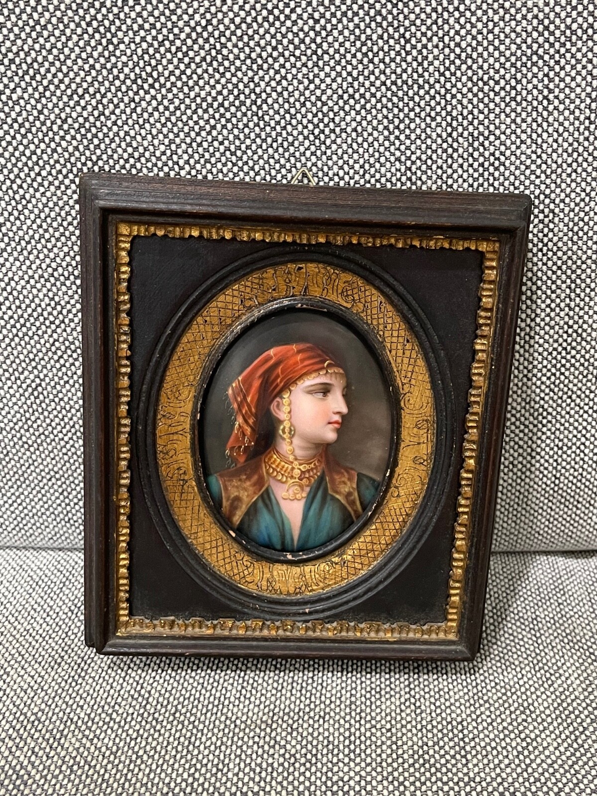 Vintage Antique Framed Oval Porcelain Plaque w/ Middle Eastern Woman