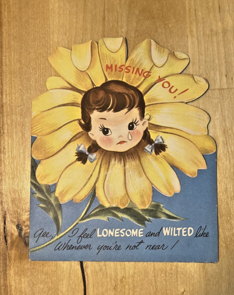 Unused Vintage Greeting Card Missing You Girl Daisy Flower 1950s Midcentury