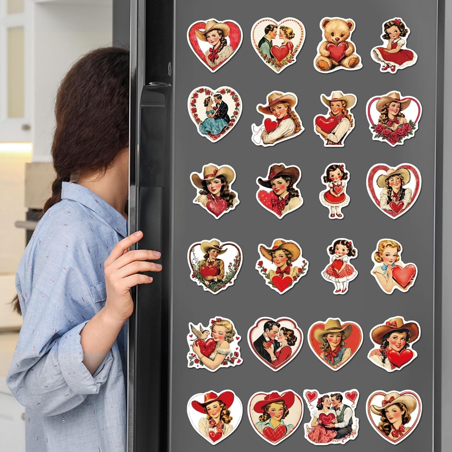 24 Pc Vintage Style Valentine Refrigerator Magnets Cowgirl Hearts Love Decor New